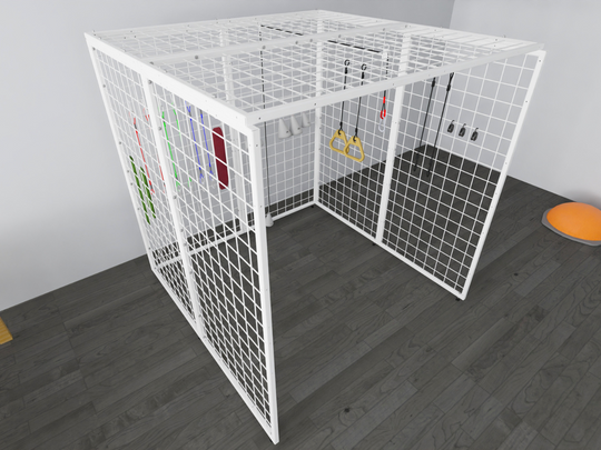 Image of the Summit Sensory Gym Universal Exercise Unit, also referred to as a Spider Cage, featuring a robust white metal grid frame. The unit is equipped with various therapy tools, including colorful resistance bands, yellow handles, and ropes, arranged within the structure. The cage is positioned on a sleek, dark wood-style floor, with an orange therapy balance dome visible in the background.